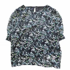 エムケーミッシェルクラン MK MICHEL KLEIN フローラル フラワープリント シフォン ブラウス 半袖 Vネック パフスリーブ 花柄 プルオーバー シャツ カットソー トップス 36 紺 ネイビー 緑 グリーン レディース