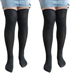 GIVEK ニーハイ ソックス ２足 セット レディース 通気性 伸縮性 ストレッチ 大きい サイズ 弾力 履き心地 抜群 ブラック x( ブラック x ブラック セット,  Free Size)