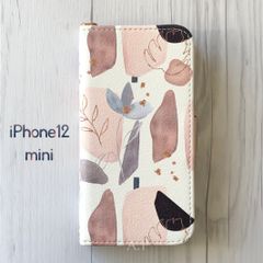 iPhone12mini ケース 手帳型★シンプル マーブル フラワー