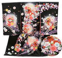 桜 藤 鼓 鈴 友禅 ぼかし染め 桜地紋様 黒地 お宮参り 着物 女の子（初着 産着 のしめ）【絹100% 友禅 】　14463