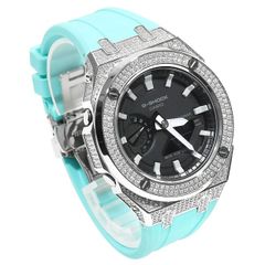 G-SHOCK GA2100 メタル カスタム ターコイズ カシオーク CZダイヤ（キュービックジルコニア）シルバー ステンレス製 ブラックダイヤル