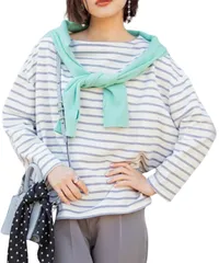 [グリーンパキラ] オフィスカジュアル レディース トップス 春 秋 カットソー ボーダー 長袖 レディーストップス ボーダーtシャツ 春服 秋服 プルオーバー ボートネック 女性 ファッション 服 ウーマン レディー [白×グレーボーダー] [M] [標準]