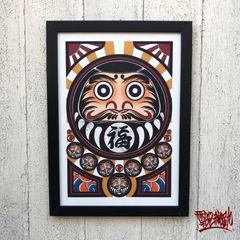 尾九 開運 イラスト 黒福達磨 七転び八起き 魔除け A4サイズ フレーム付き