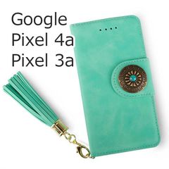 【処分】 Google Pixel 4a ケース 手帳型 おしゃれ Pixel4a グリーン 緑 コンチョボタン ボタン  ベルト Pixel3a カバー ピクセル レザー 革 ストラップ ミラー 送料無料 安い スマホケース