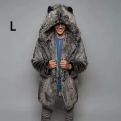 メンズファーコート ロングコート 毛皮コート フード付き 厚手上着 ジャケット 暖かい 冬物 フェイクファー カジュアル 欧米風 カジュアル 大きいサイズ お兄系 グレー L