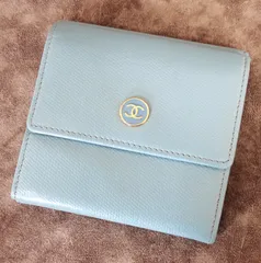 美品 CHANEL シャネル ココボタン ココマーク Wホック 財布 ライトブルー コンパクト財布 レザー ウォレット