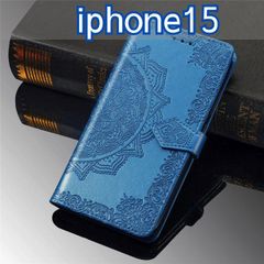 iPhone15 アイフォンアイホンケース手帳型可愛いエンボス曼陀羅　mandala 藍色 青 puレザー型押し
