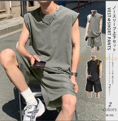 セットアップ 袖なし メンズ tシャツ スウェット 上下 ジャージ スポーツ カジュアル ハーフショーツ ショート丈 無地 夏服 薄手 ルームウェア 部屋着 zekang01