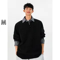 [M]メンズ用 フェイク ツーピース チェック柄 シャツ カラー スウェットシャツ ハイエンド アメリカン クリーン フィット レイ ヘンリー