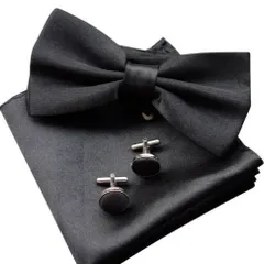 蝶ネクタイ カフス チーフ 3点セット　結婚式　発表会 パーティー イベント ダンスパーティー バーテンダー ビジネス 　ブラック色　ワンタッチ　卒業式　卒園式　入学式　入社式　父の日　ワイシャツ 格安 メンズネクタイ ポケットチーフ カフスボタン 3点