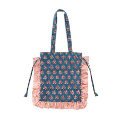 ☆ ターコイズ ☆ フリルトートバッグ トートバッグ フリル トートバック トート 手提げ 肩掛けバッグ 肩掛けバック 肩掛け エコバッグ エコバック サブバッグ サブバック 巾着バッグ 巾着バック 巾着 ブロックプリント 柄 かわいい 可愛い