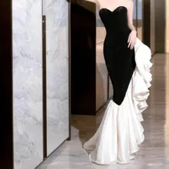 バイカラーのフリル美しい ベアイブニングドレス?.?