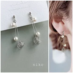 ◆ 341 シルバー ワイヤーボール クリスタルパール イヤリング ノンホールピアス ピアス ロジウム ◆ 人気 再販 上品 揺れる パール アクセサリー ハンドメイドピアス ハンドメイドイヤリング