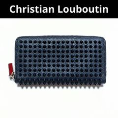 クリスチャンルブタン レザー ラウンドファスナー 長財布 ネイビー×レッド