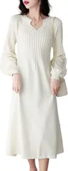 J-Scott ニットワンピース パフスリーブ キーネック 10分袖 膝下丈 Aライン ゆるシルエット 柔らかい きちんと感 大人シルエット すっきり ウエスト ふんわり袖 簡単お手入れ デイリー使い おおきめ オシャレ(ホワイト,  L)
