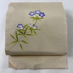 名古屋帯 美品 名品 落款 草花 芝 ぼかし ベージュ 正絹 【中古 