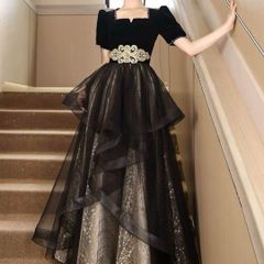 美しい花柄レースにサテンスカートの六分袖 イブニングドレス 25年新作 新品未使用 美しい花柄レースにサテンスカートの六分袖