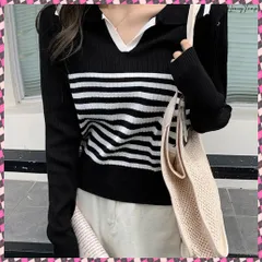 送料無料 ポロカラーボーダーニットトップスVネック レディース カジュアル ニットウェア 襟付き ニットトップス 着回し ニットプルオーバー おしゃれ 普段着ニットセーター 大人秋服リブニット 着やせ ニット春秋 長袖ニットインナー
