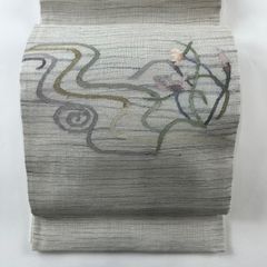 袋帯 秀品 夏帯 草花 流水 青灰色 お太鼓柄 正絹 【中古】