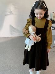 ハイネック ガールズ フリル カットソー 長袖 子供服 トップス+サロペットスカート セットアップ 春 秋 ワンピース 通学 通園 キッズ 2点セット 可愛い 女の子 ジャンパースカート 春服 秋服 長袖 長ズボン イベント  KSFC131(90-150)