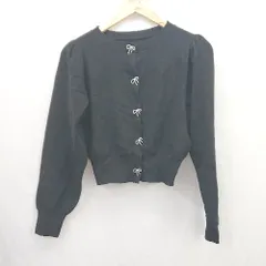 ◇ ⊇ NICE CLAUP ナイスクラップ 装飾ボタン　リボン 長袖 ショートニットカーディガン サイズF ブラック系 レディース E  【1506130014690】