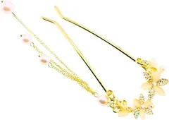 Miaomyao かんざし u字型 髪飾り 和装 浴衣 着物 ヘアアクセサリー パール アンティーク フラワー(ゴールド,  小さめ)