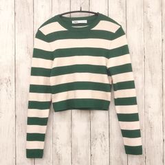 【 ZARA 】ザラ 長袖ニット クロップド丈 ボーダー グリーン L