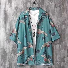 派手シャツ半袖トップス（鶴Lサイズ/XLサイズ/2XLサイズ）春夏秋プリントユニセックス044