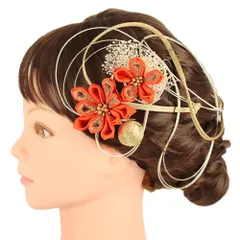 髪飾り 成人式 水引 つまみ細工 振袖 前撮り 袴 花 カスミソウ 8点セット オレンジ 橙色 山吹色 白 ゴールド ちりめん 組紐 玉 No.9-5295