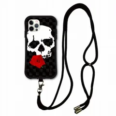 [iPhone12 Mini] スマホショルダー付 iPhone16 Pro i-coronケース アイフォン 14 13 12 XS XR XS Max スマホケース ショルダー タイプ 側面保護 耐衝撃  スカル ドクロ バラ チェック ブラック