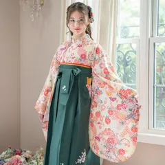 【HAKAST27-A3】着付け簡単袴セット 刺繍入り 京都絵師描き下ろし本格柄　～いにしえ華車黄×緑袴[A3]～　キャサリンコテージ　TAK　小学生　袴　卒業式　セット