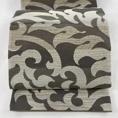 袋帯 美品 名品 関西仕立て 葉 段縞 茶緑色 六通 正絹 【中古】