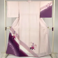 たんす屋 TANSU-YA 中古 リユース着物 訪問着 ピンク 紫 セミフォーマル 銀彩 バラ 袷 絹 未洗い 【身丈】154.5cm【裄丈】64.5cm MS4343