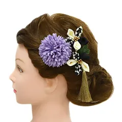 髪飾り 成人式 つまみ細工 振袖 前撮り 袴 花 3点セット 紫 薄紫 白 ゴールド 黒 ちりめん 房 房付き 市松 チェック ブロック No.9-5104