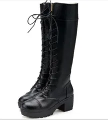 ロングブーツ 厚底 編み上げ レースアップ ゴスロリ コスプレ レディース 23.5cm ブラック