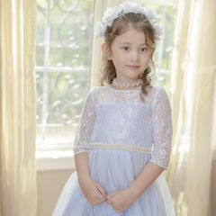 【サックス】デコルテシースルーレーススリーブドレス TAK キッズ キャサリンコテージ