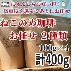 お買い得 お任せ 2種類 新鮮厳選 炭火自家焙煎コーヒー豆 100g×4袋 可愛い猫柄 ねこのめ珈琲 ハンドピック済 お土産用にもどうぞ