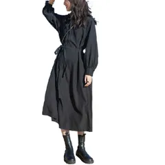 [ウェアビー] リボン付き スタンドカラー ワンピース ウエストマーク ロングワンピ 長袖 レディース パフスリーブ ロング丈 ミモレ丈 マキシ丈 ろんぐわんぴーす かわいい ゆったり バンドカラー ナチュラル スマート aライン マー [ブラック] [XL]