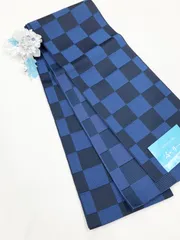 LHO329BLU  新品　半巾帯　単衣　青　ブルー　黒　ブラック　市松模様