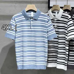 [4XL (]秋冬 コーデ メンズ  服 シンプル ファッション オシャレ 大人 かっこいい 大きいサイズ ストリート 紳士服  ストライプニット ポロシャツ ビジネス カジュアル ニット T シャツ スリム 薄手 半袖