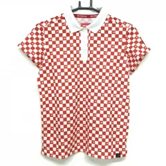 【美品】ニューバランスゴルフ 半袖ポロシャツ レッド×白 ブロックチェック ロゴ総柄 レディース 2(L) ゴルフウェア New Balance