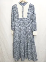 ◇ earth music&ecology ヨーク切替 花柄 長袖 ロング丈 ワンピース サイズF ブルー レディース P  【1406110001828】