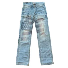 RODEO CROWNS ユニオンジャック スタープリント ベイカーデニムパンツ ルーズ ストレート ライトブルー サイズ0 レディースXS ロデオクラウンズ 星条旗 シンチバック