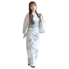[KYOETSU] [キョウエツ] 浴衣セット 変わり織 生成り 2点セット(浴衣、兵児帯) レディース F (7.清廉の浮世かすれ, フリーサイズ)のサムネイル