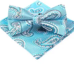青い　ペイズリー柄　蝶ネクタイ・ポケットチーフ　２点　セット　結婚式　発表会　七五三祝い 卒業式　入学式　入園式　入社式　イベント　パーティー　ダンスパーティー　バーテンダー　ワンタッチネクタイ　ネクタイ　チーフ　格安　ライトブルー色　シルバー色　ホワイト色