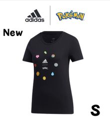 新品タグ付き　ポケモン　adidas　コラボ　Tシャツ　ジムバッチ　カント―　キャラクター　キッズ　レディース　ブラック　C807
