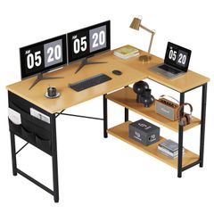 【特価】ゲーミングデスク 机 デスク 右棚左棚 幅107cm l字デスク pcデスク コーナーデスク つくえ 棚板高さ調節可能 収納袋付き L字型 PC 勉強机 YeTom 作業 在宅ワーク デスク リモートワーク ゲームデスク 書斎 収納ラック付き ナチュラ