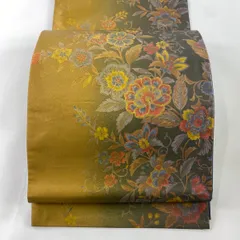 【美品】 袋帯 秀品 草花 花唐草 金彩 山吹茶色 全通 正絹 【中古】