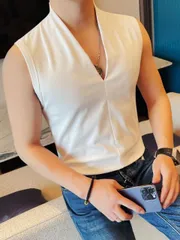 種類19：XL/E：黒ベストグレー七分丈パンツコ メンズ ファッション 服 男性用 オシャレ シンプル 大人 かっこいい ストリート  ハイエンド Vネックノースリーブ ウエスト コート ベスト 薄手 スポーツフィットネス 快適 スリムフィット 半袖 Tシャツ