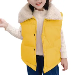 [ALVEIN] ダウンベスト キッズ 中綿 子供服 ジャンパー 防寒 ブルゾン もこもこ ノースリーブ 厚手 ファー 襟付き 裏起毛 防寒 暖かい 防風 通園 通学 (JP, 数字サイズ, 90, イエロー) [イエロー] [90]